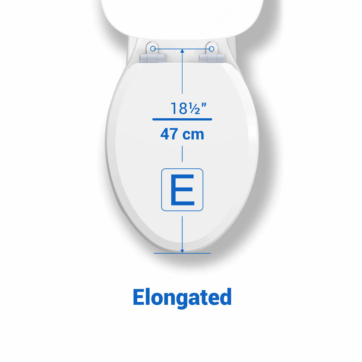Top-down view of a white Topseat elongated toilet seat with measurement guidelines, confirming the longer, oval shape and a standard length of 18.5 inches (47 cm).
