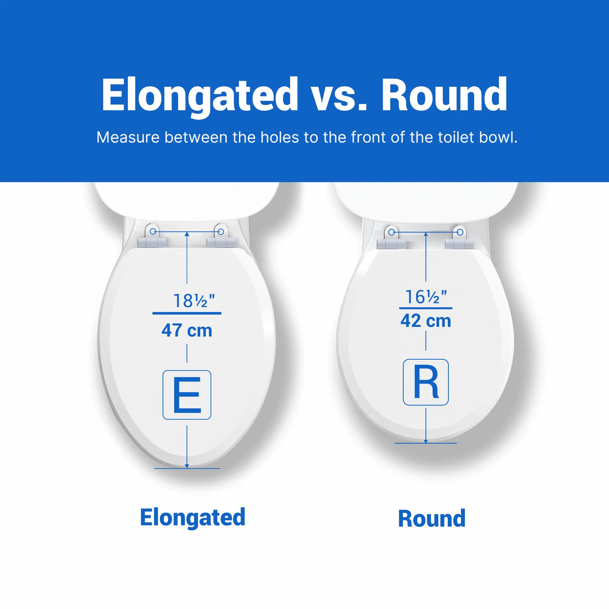 Topseat size guide comparing Elongated vs. Round toilet bowls. Shows an elongated bowl measuring 18.5 inches (47 cm) on the left, and a round bowl measuring 16.5 inches (42 cm) on the right, measured from the fixed mounting holes to the front edge.