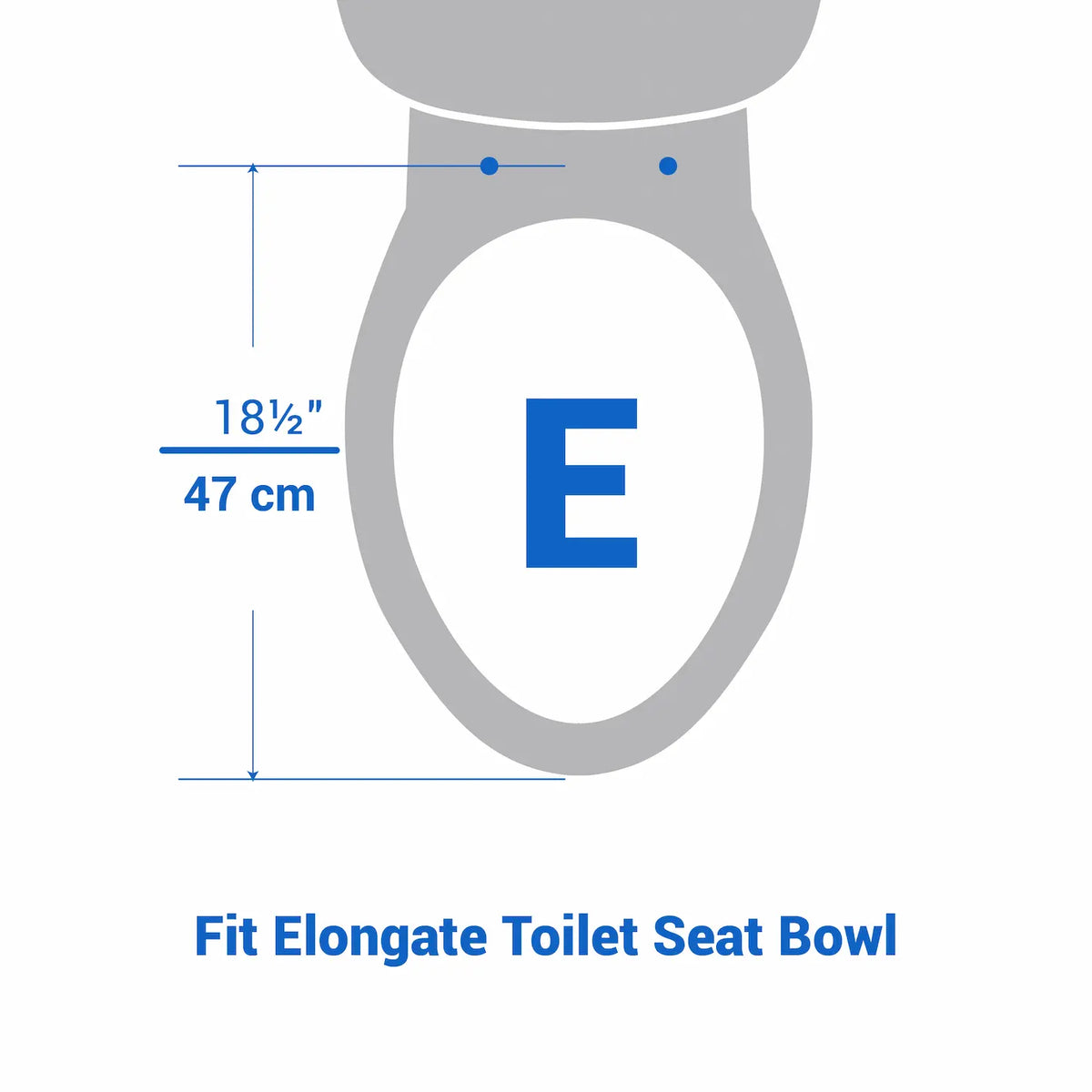 A grey diagram showing how to measure an elongated toilet bowl. Blue measurement lines indicate a length of 18.5 inches (47 cm) from the center of the mounting holes to the front edge.