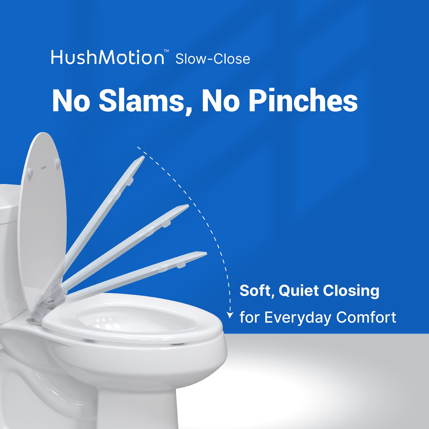 Topseat HushMotion slow close toilet seat, quiet closing prevents slams and pinches, white wood.