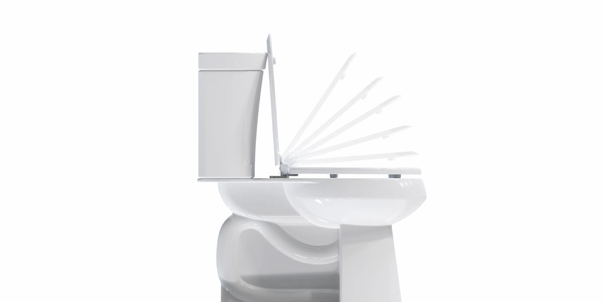 Topseat HushMotion™ soft-close technology. A sequence showing a white toilet seat closing gently to provide a no-slam experience for quieter daily use.