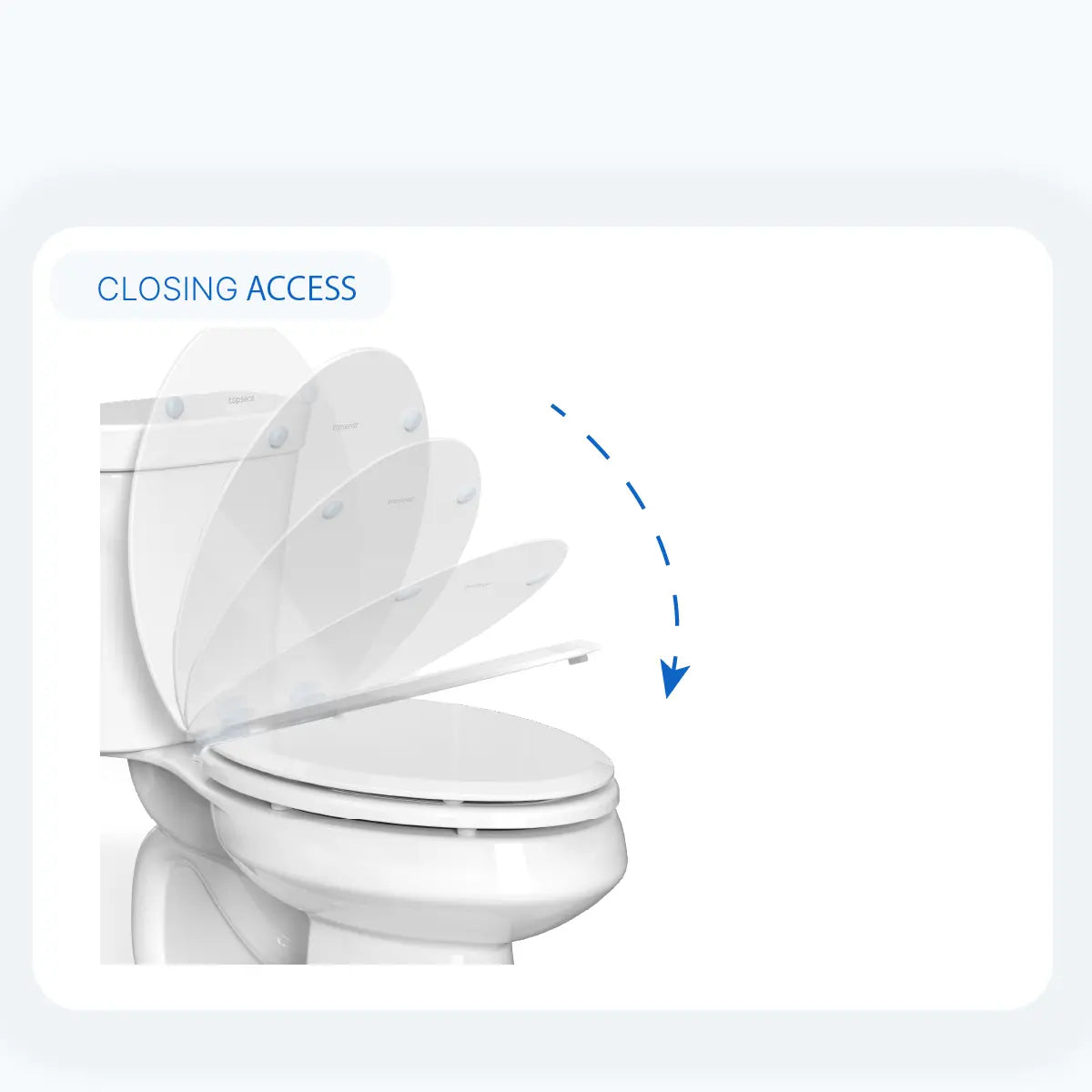 topseat HushMotion soft-close toilet seat showing the lid and seat closing slowly to help prevent slamming