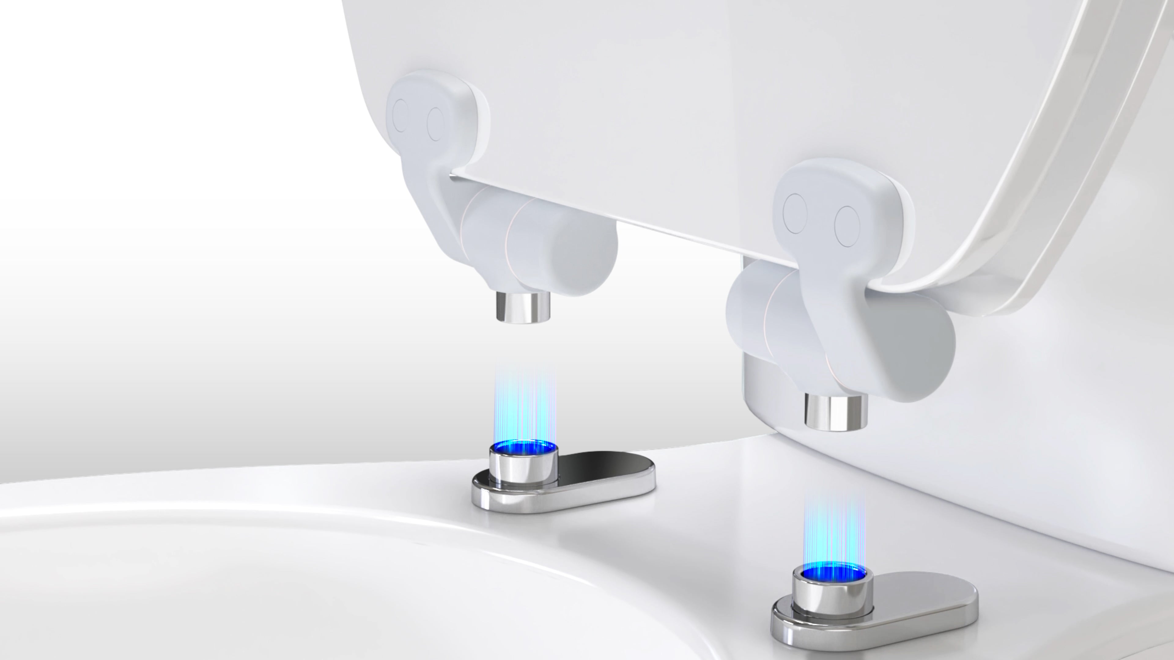 Close-up detail of the Topseat Magic Hinge system, demonstrating the innovative magnetic quick-release feature. The design allows the toilet seat to effortlessly lift off the metal mounting pillars for instant, zero-blind-spot cleaning.
