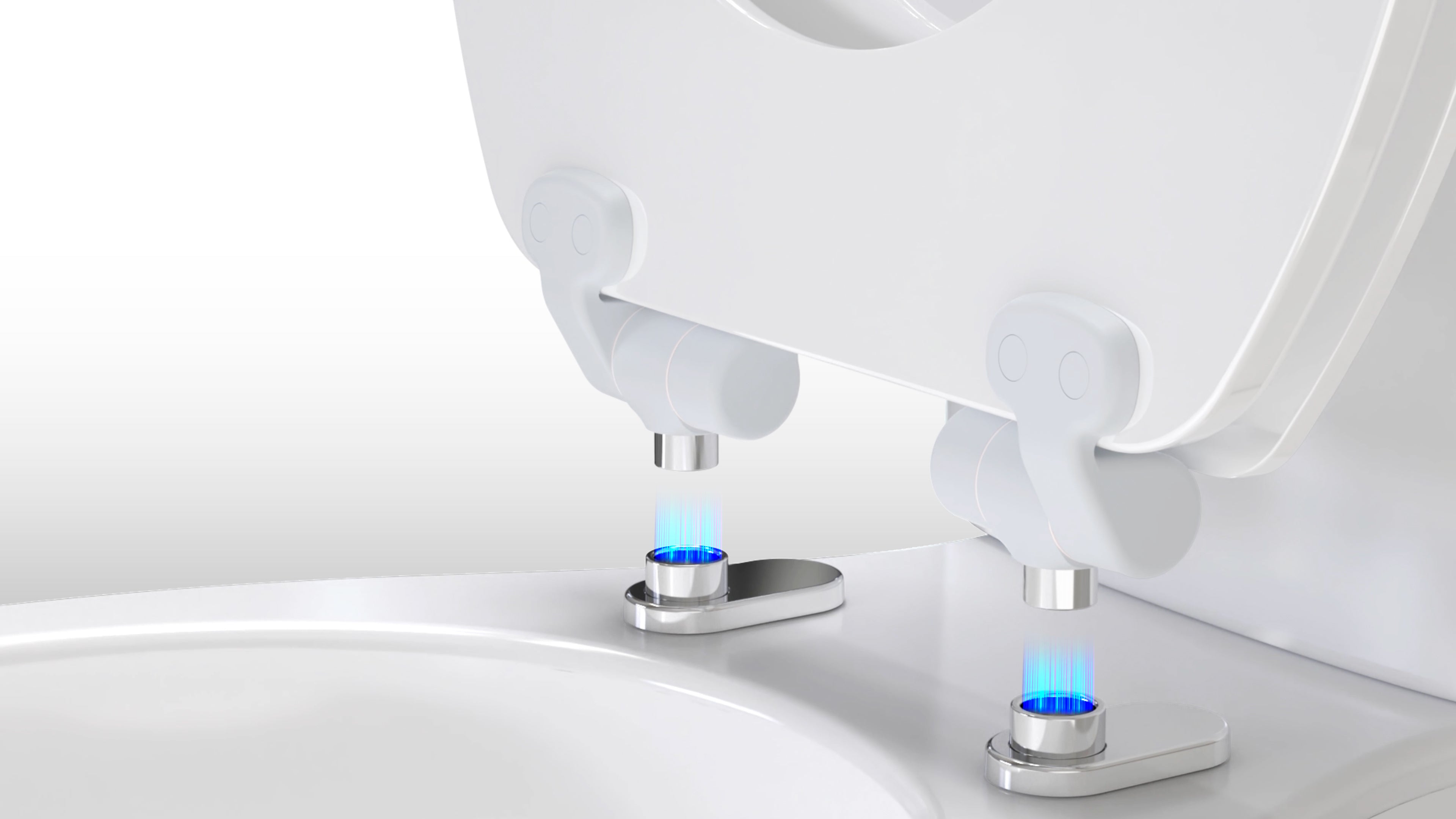 Close-up detail of the Topseat Magic Hinge system, demonstrating the innovative magnetic quick-release feature. The design allows the toilet seat to effortlessly lift off the metal mounting pillars for instant, zero-blind-spot cleaning.