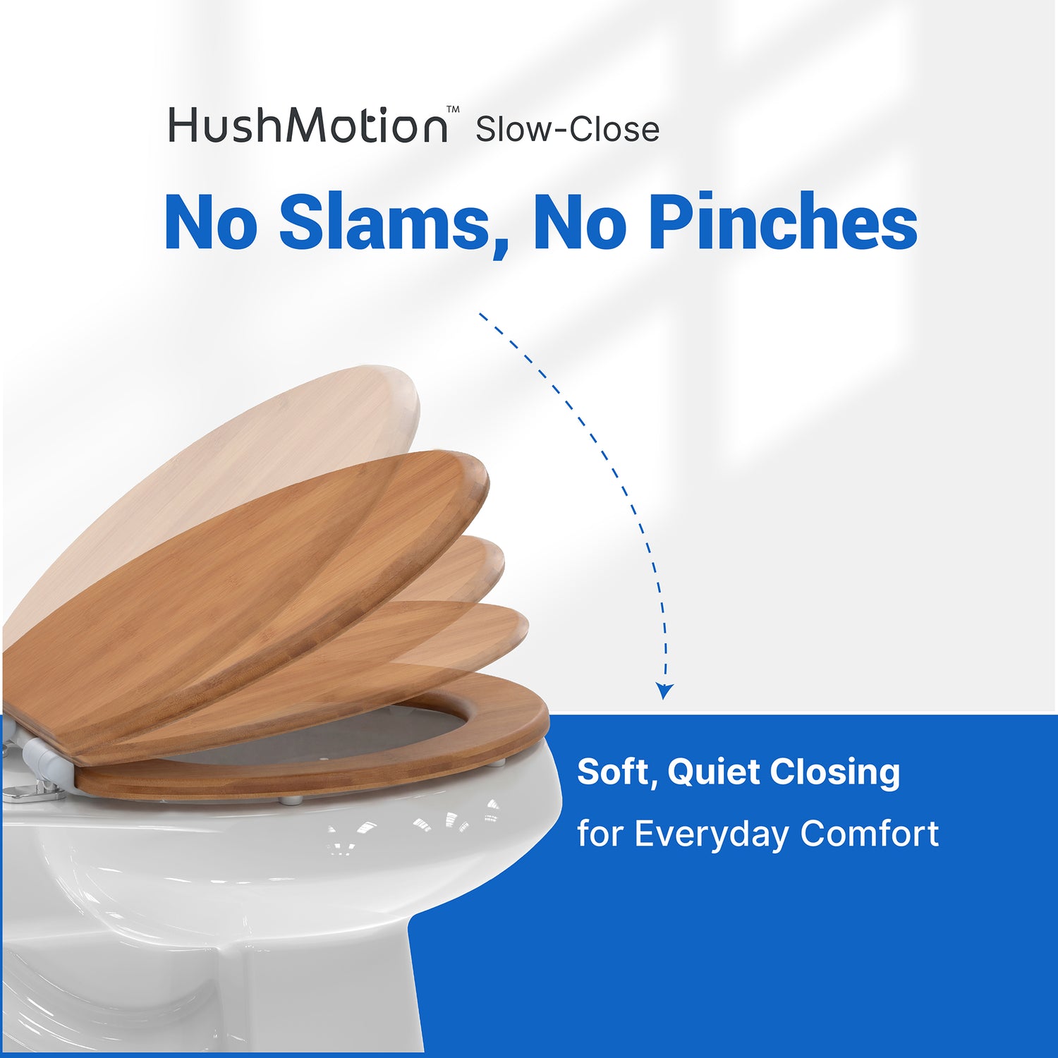 Topseat Natural Bamboo wood toilet seat with slow close and quick release hinges, made of sustainable genuine bamboo, featured in an organic minimalist bathroom design with high-end aesthetic, compatible with American standard floor-mounted toilets.