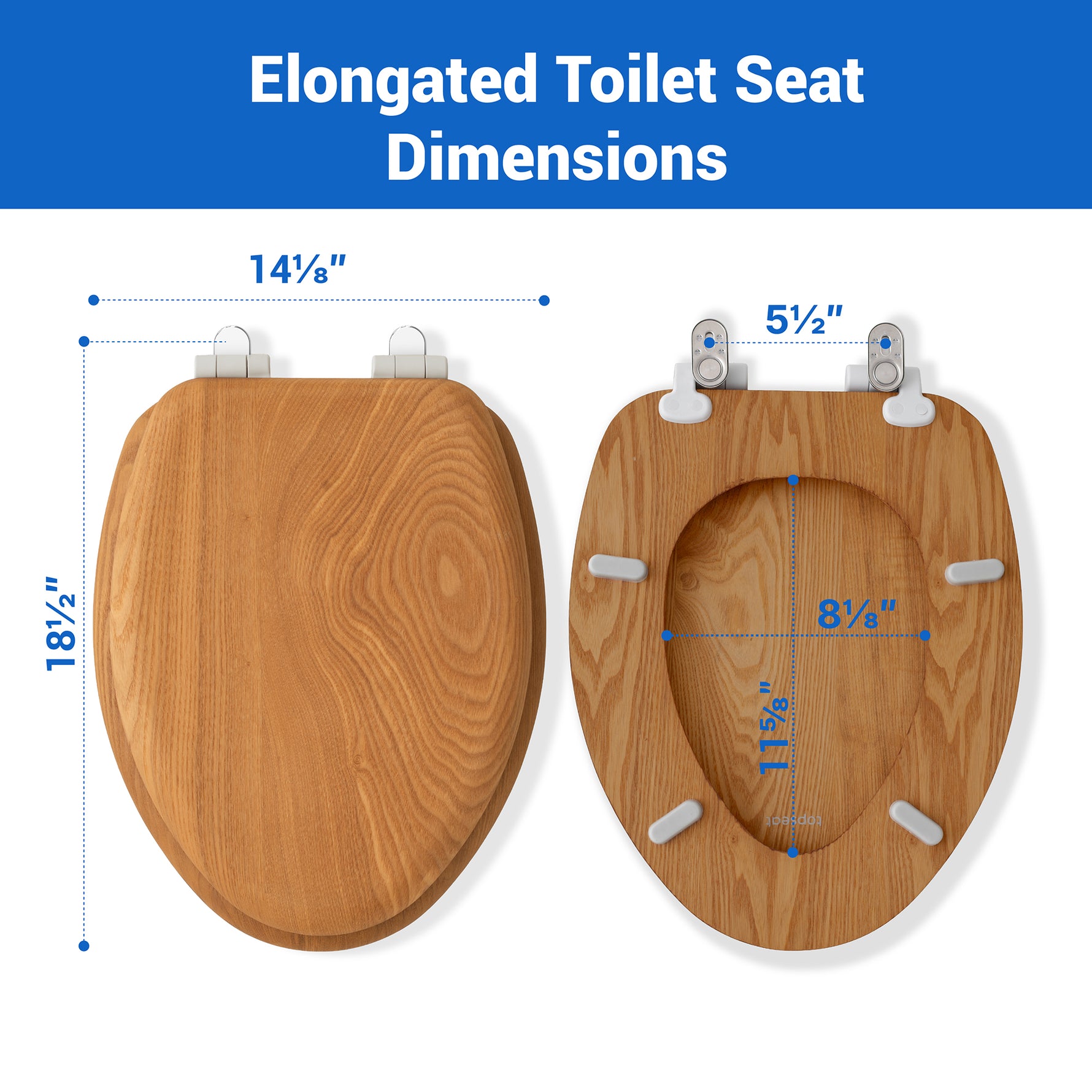 Detailed dimension guide for the Topseat elongated oak veneer toilet seat, displaying the 18.5-inch total length, the standard 5.5-inch mounting hole spacing, and precise interior ring measurements.