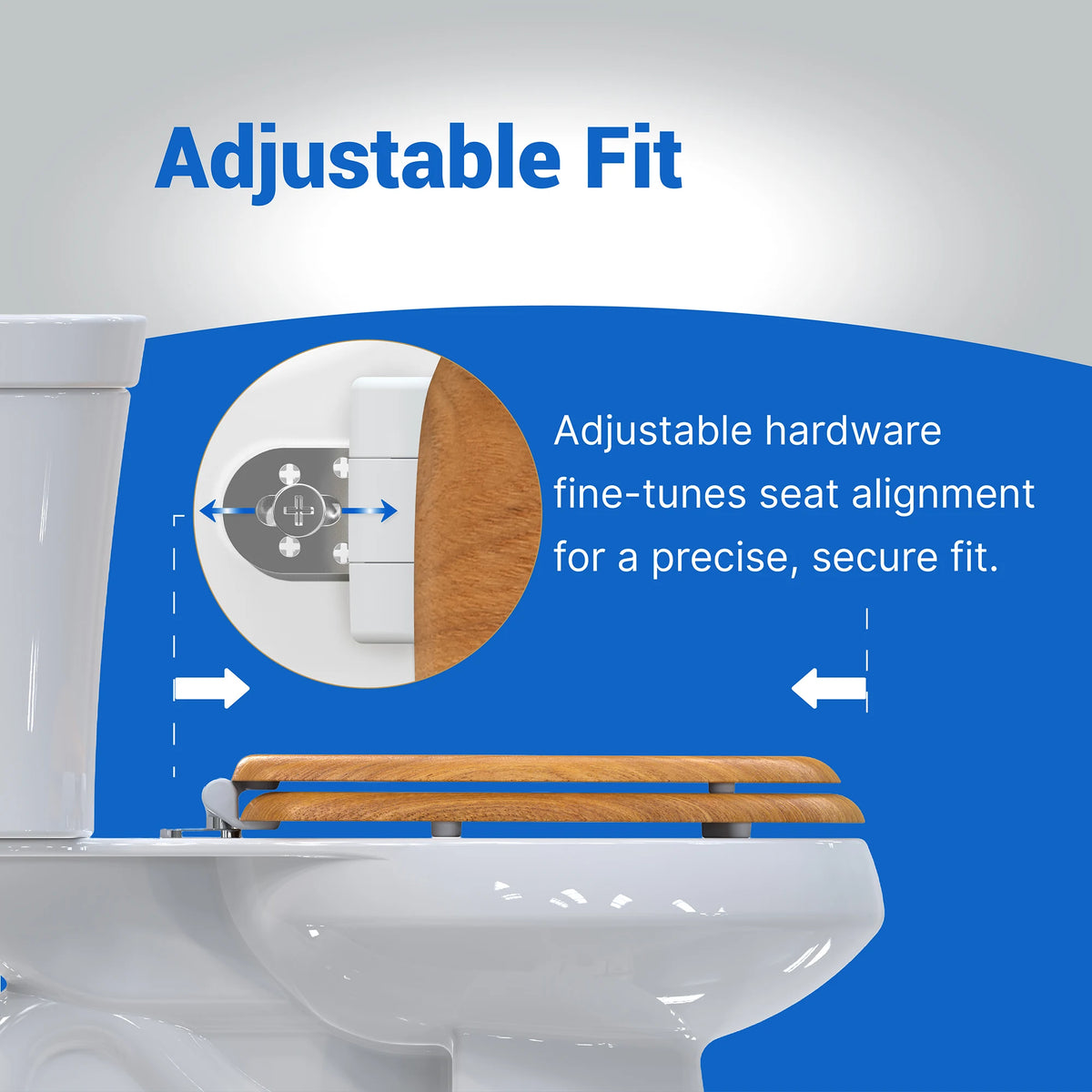Topseat Natural Oak round wood toilet seat with adjustable mounting hardware for precise seat alignment and secure fit
