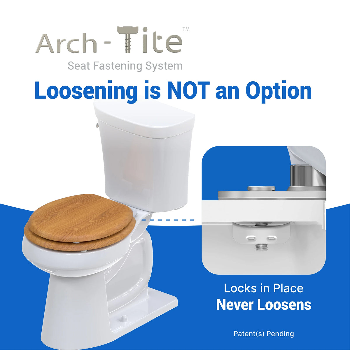 Topseat Natural Oak round wood toilet seat with Arch-Tite fastening system and locking mounting hardwarev