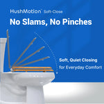 Topseat Natural Oak round wood toilet seat demonstrating HushMotion soft-close for quiet, no-slam closing