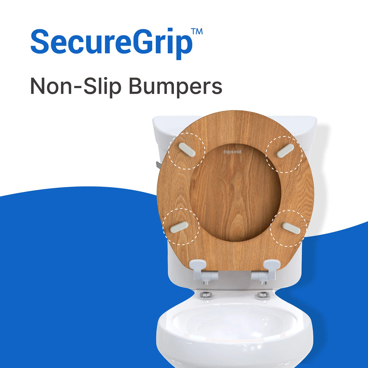 Topseat Natural Oak round wood toilet seat with four SecureGrip non-slip bumpers for added stability