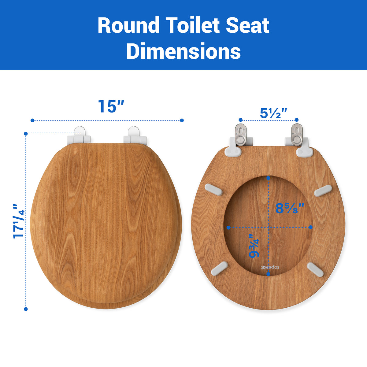 Detailed dimension guide for the Topseat round oak veneer toilet seat, displaying the 16.5-inch total length, the standard 5.5-inch mounting hole spacing, and precise interior ring measurements.