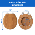 Detailed dimension guide for the Topseat round oak veneer toilet seat, displaying the 16.5-inch total length, the standard 5.5-inch mounting hole spacing, and precise interior ring measurements.