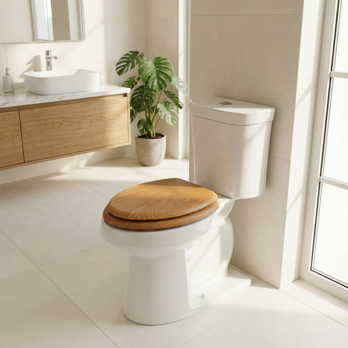 Modern bathroom with a Topseat wood toilet seat in oak. 