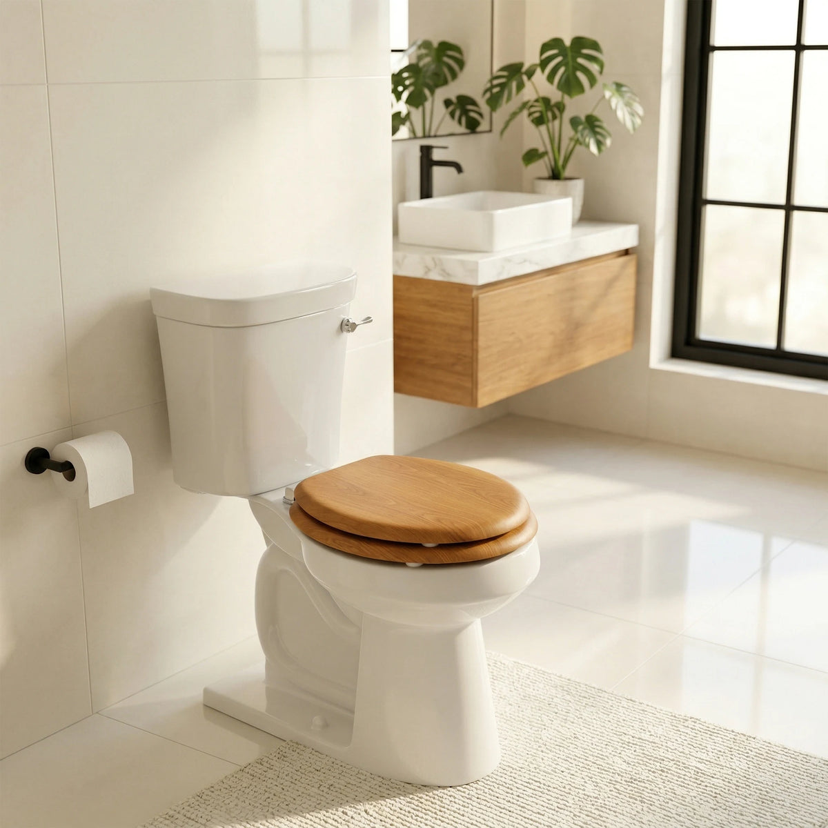 Topseat Natural Oak round wood toilet seat with closed lid in a bright modern bathroom