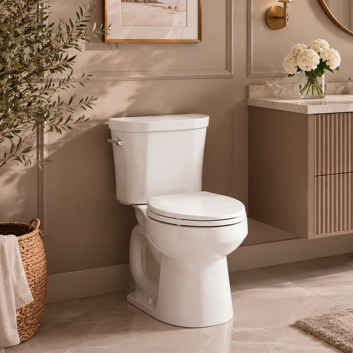 Topseat white toilet seat with quiet close mechanism installed next to an elegant vanity