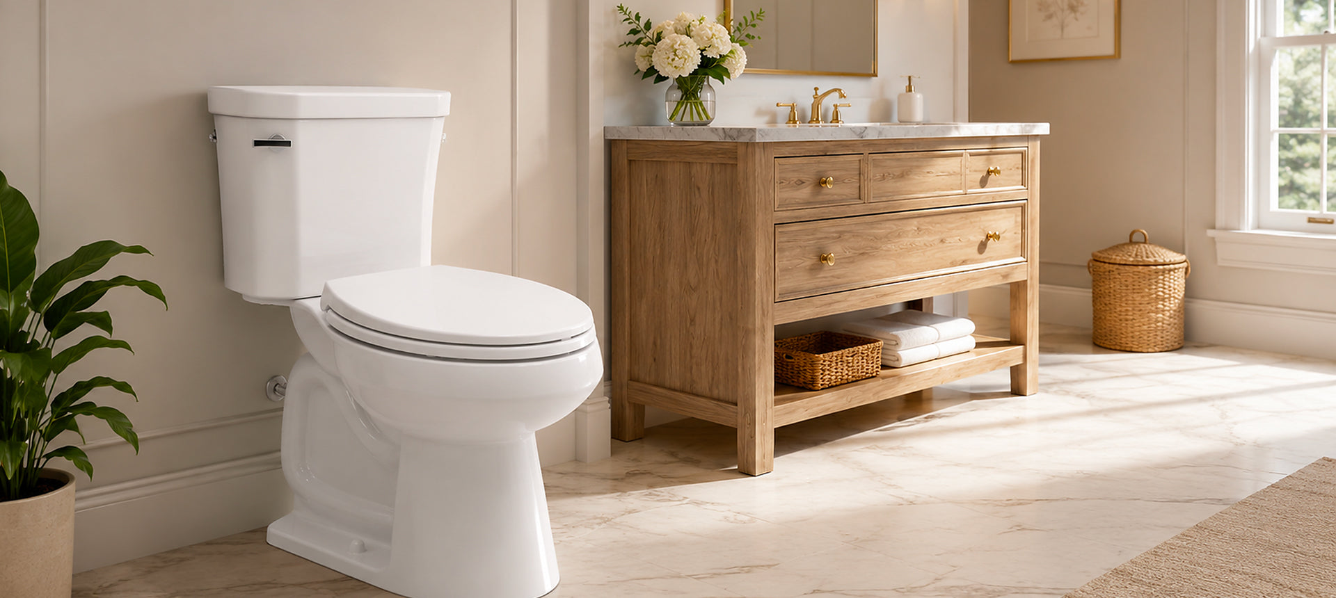Topseat premium white toilet seat installed in a warm, natural bathroom setting