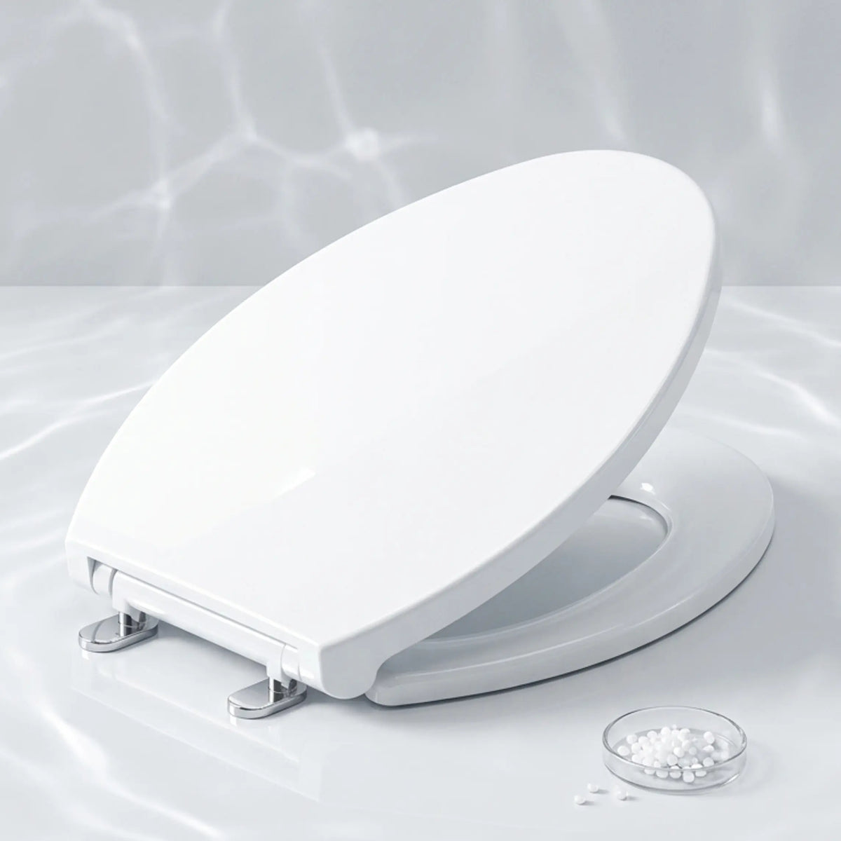 Topseat Plus lightweight white elongated plastic toilet seat, showcasing a modern, easy-to-clean seamless design against a fresh water ripple background.