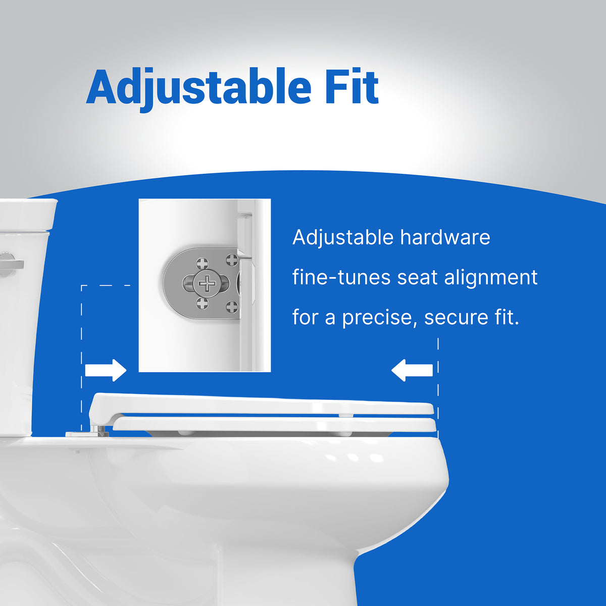Feature graphic demonstrating the front-to-back adjustable hardware for a precise fit on standard US toilets.