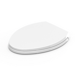 Angled view of the Topseat Plus plastic elongated white toilet seat with closed lid.