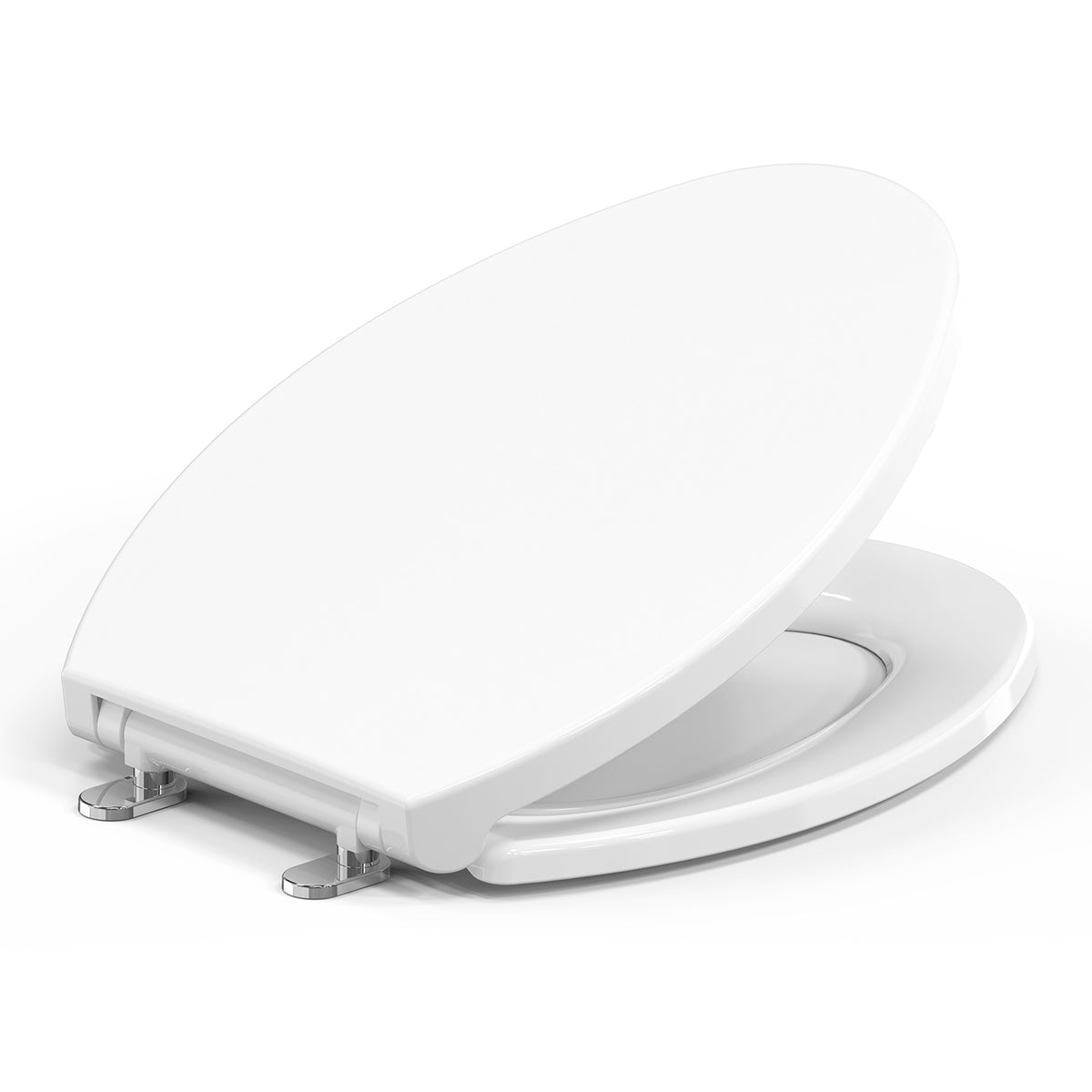 Topseat Plus plastic elongated white toilet seat shown with lid open.