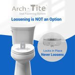 Feature graphic showing the Arch-Tite fastening hardware that never loosens for the Topseat Plus plastic toilet seat.