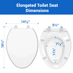 Dimensions guide for the Topseat Plus plastic elongated white toilet seat, showing standard measurements and 5.5-inch fixed bolt spread.