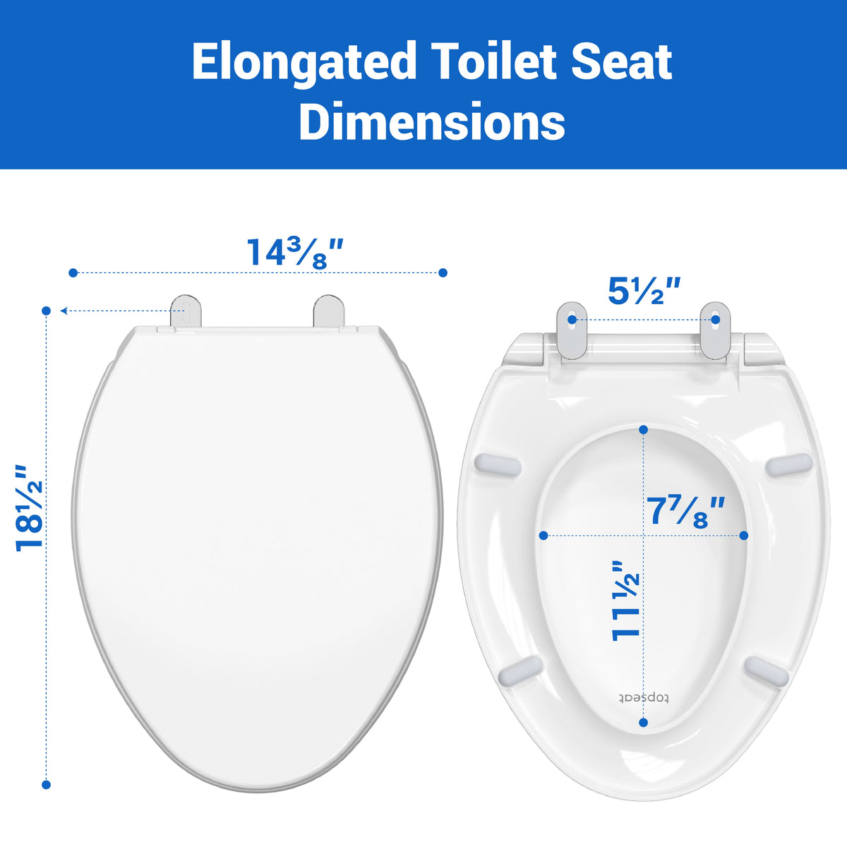 Dimensions guide for the Topseat Plus plastic elongated white toilet seat, showing standard measurements and 5.5-inch fixed bolt spread.