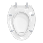 Front-facing view of the Topseat Plus plastic elongated white toilet seat with the lid open.