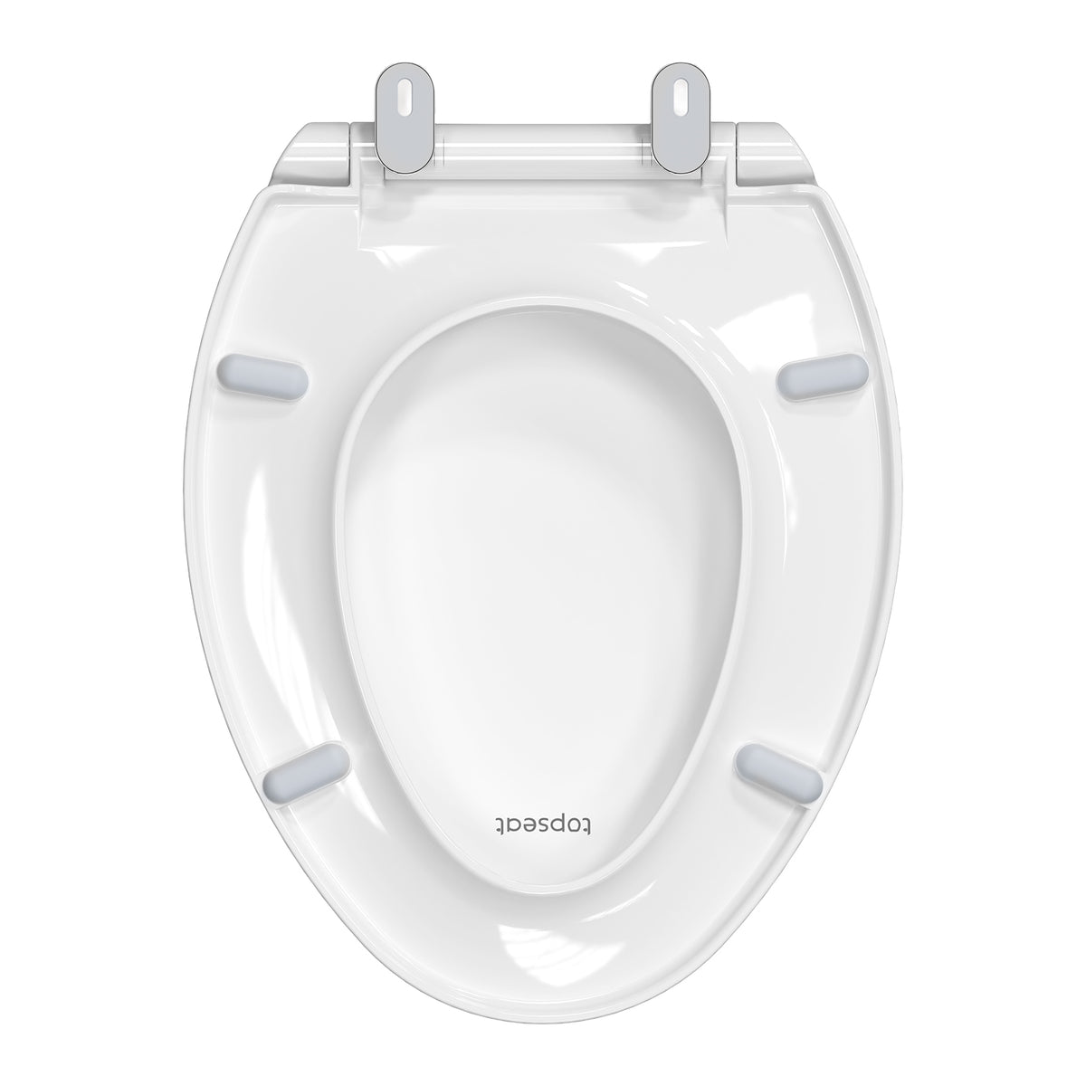 Front-facing view of the Topseat Plus plastic elongated white toilet seat with the lid open.