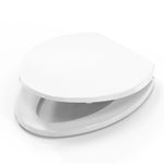 Topseat Plus plastic elongated white toilet seat shown with lid half-open.