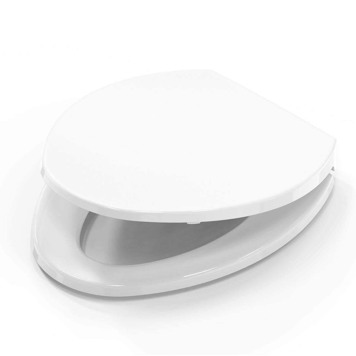 Topseat Plus plastic elongated white toilet seat shown with lid half-open.
