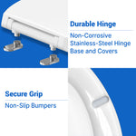 Feature graphic showing the non-corrosive stainless-steel hinge base and SecureGrip non-slip bumpers on the Topseat Plus plastic toilet seat.