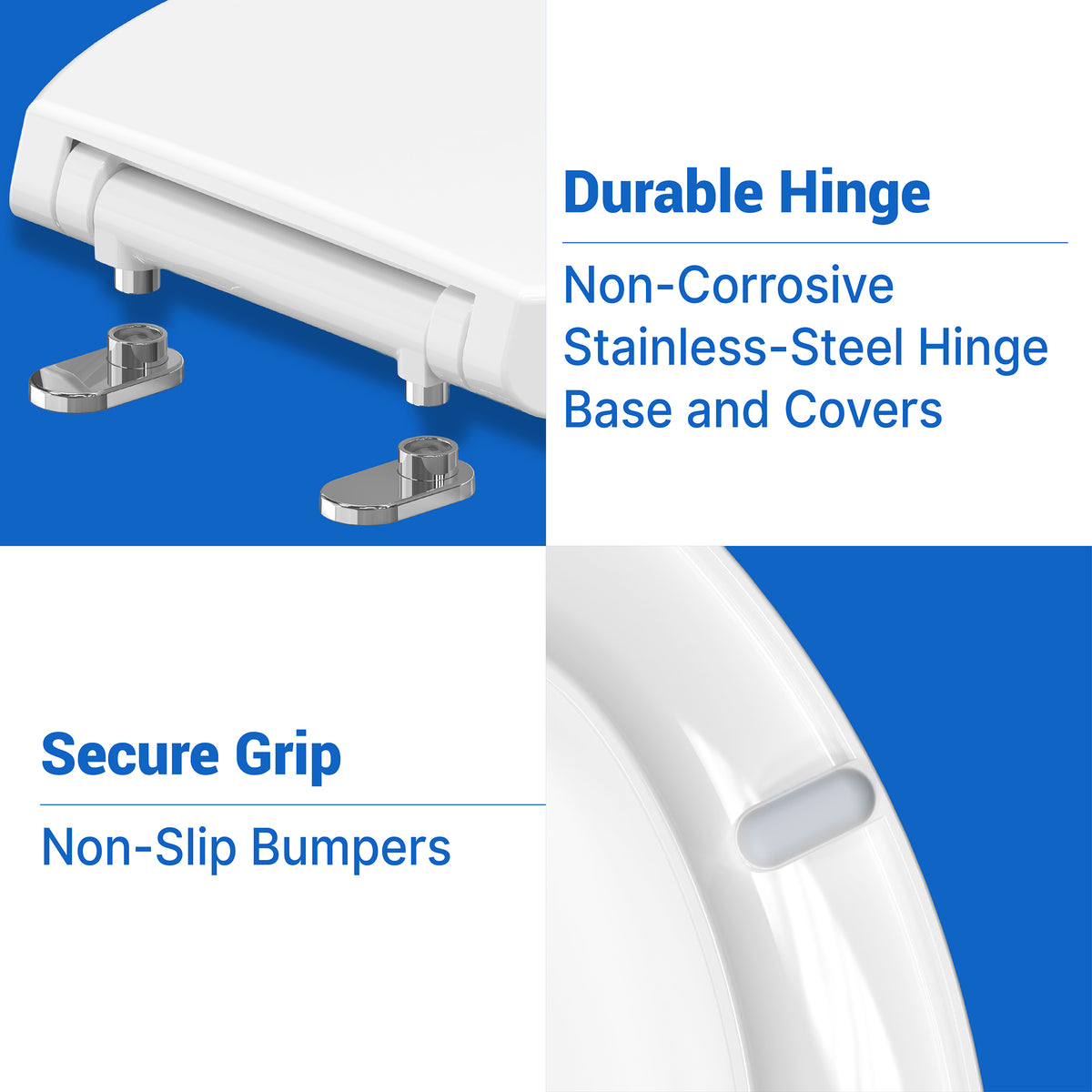 Feature graphic showing the non-corrosive stainless-steel hinge base and SecureGrip non-slip bumpers on the Topseat Plus plastic toilet seat.
