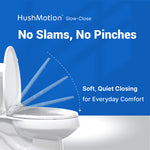 Feature graphic highlighting the HushMotion soft-close technology on the Topseat Plus plastic toilet seat, preventing slams and pinches.