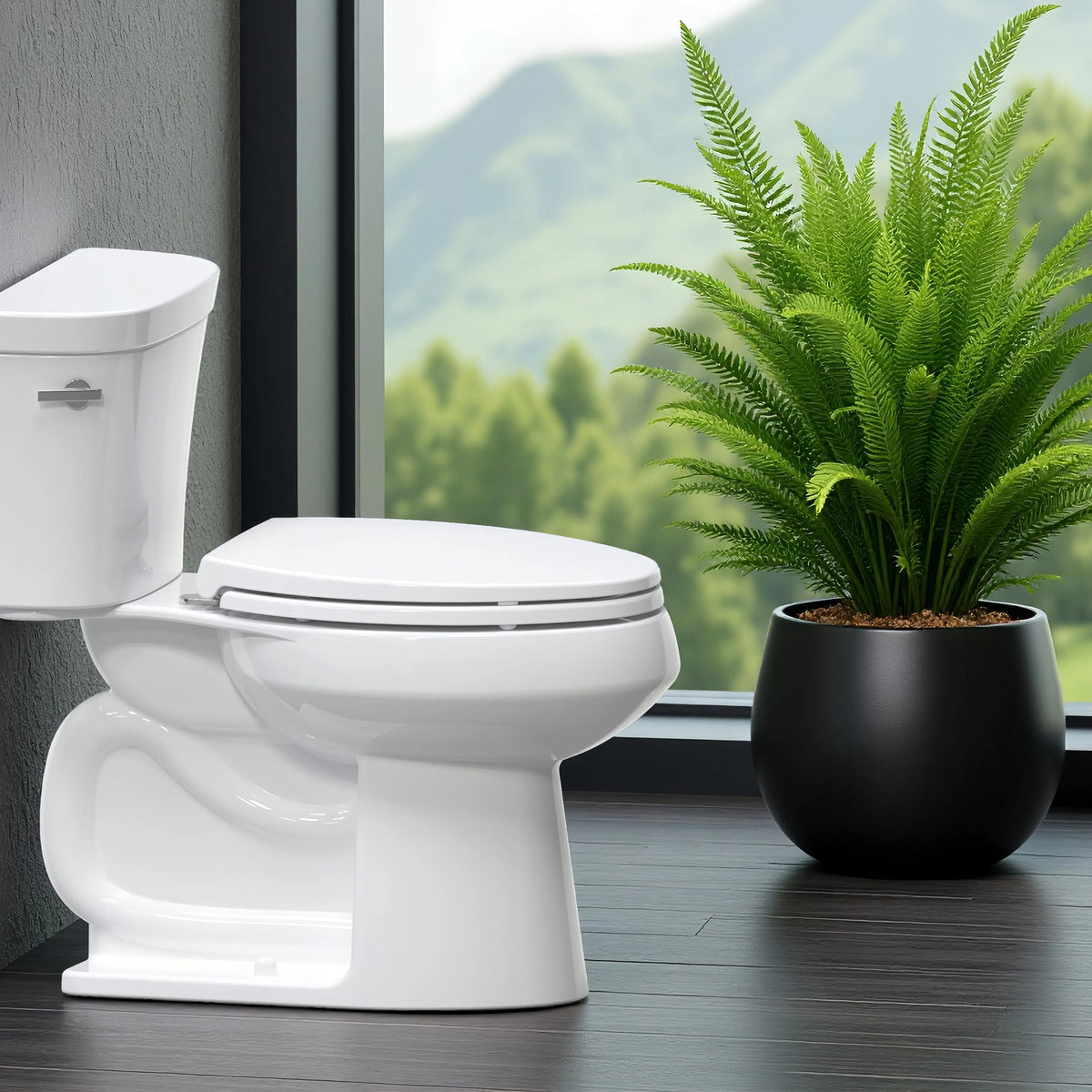 Angled view of the Topseat Plus plastic elongated white toilet seat in a contemporary bathroom setting.