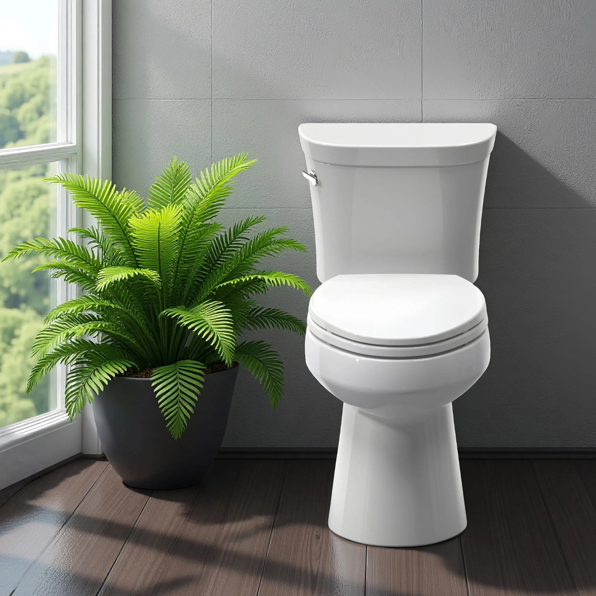 Topseat Plus plastic elongated white toilet seat installed in a modern bathroom, front view.