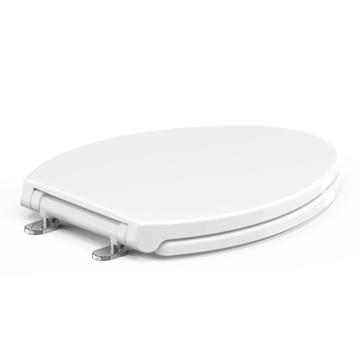 Rear angled view of the Topseat Plus plastic elongated white toilet seat highlighting the hardware and hinges.