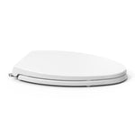 Side profile view of the Topseat Plus plastic elongated white toilet seat.