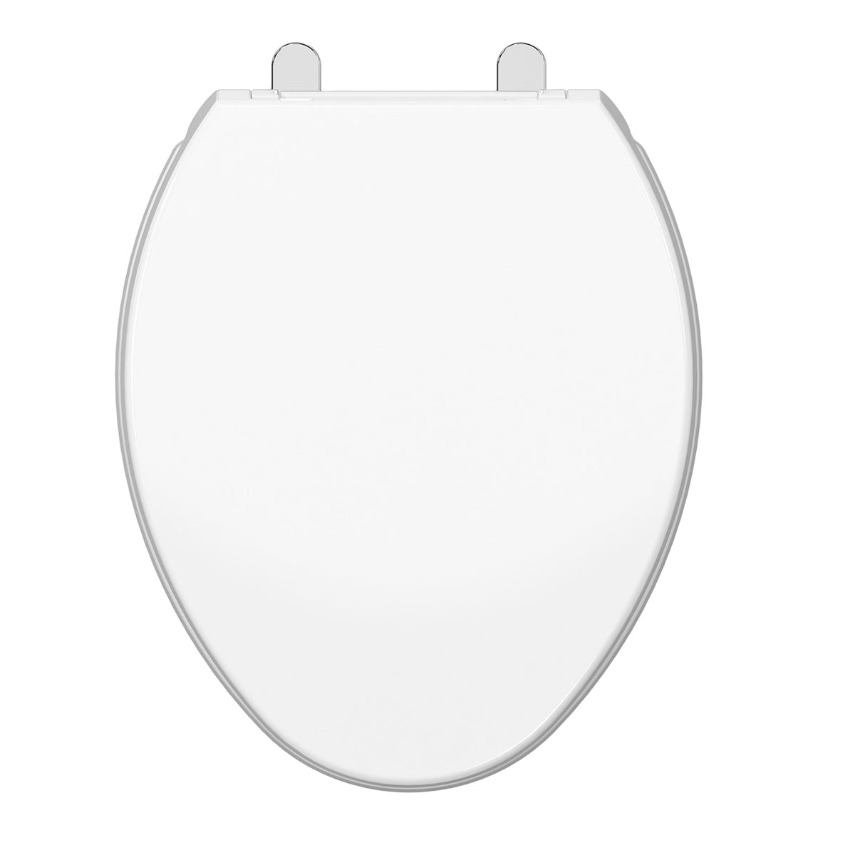 Top-down view of the Topseat Plus plastic elongated white toilet seat with closed lid.