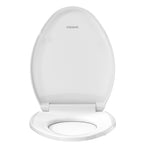 Top-down view of the Topseat Plus plastic elongated white toilet seat with the lid open showing the seat ring.