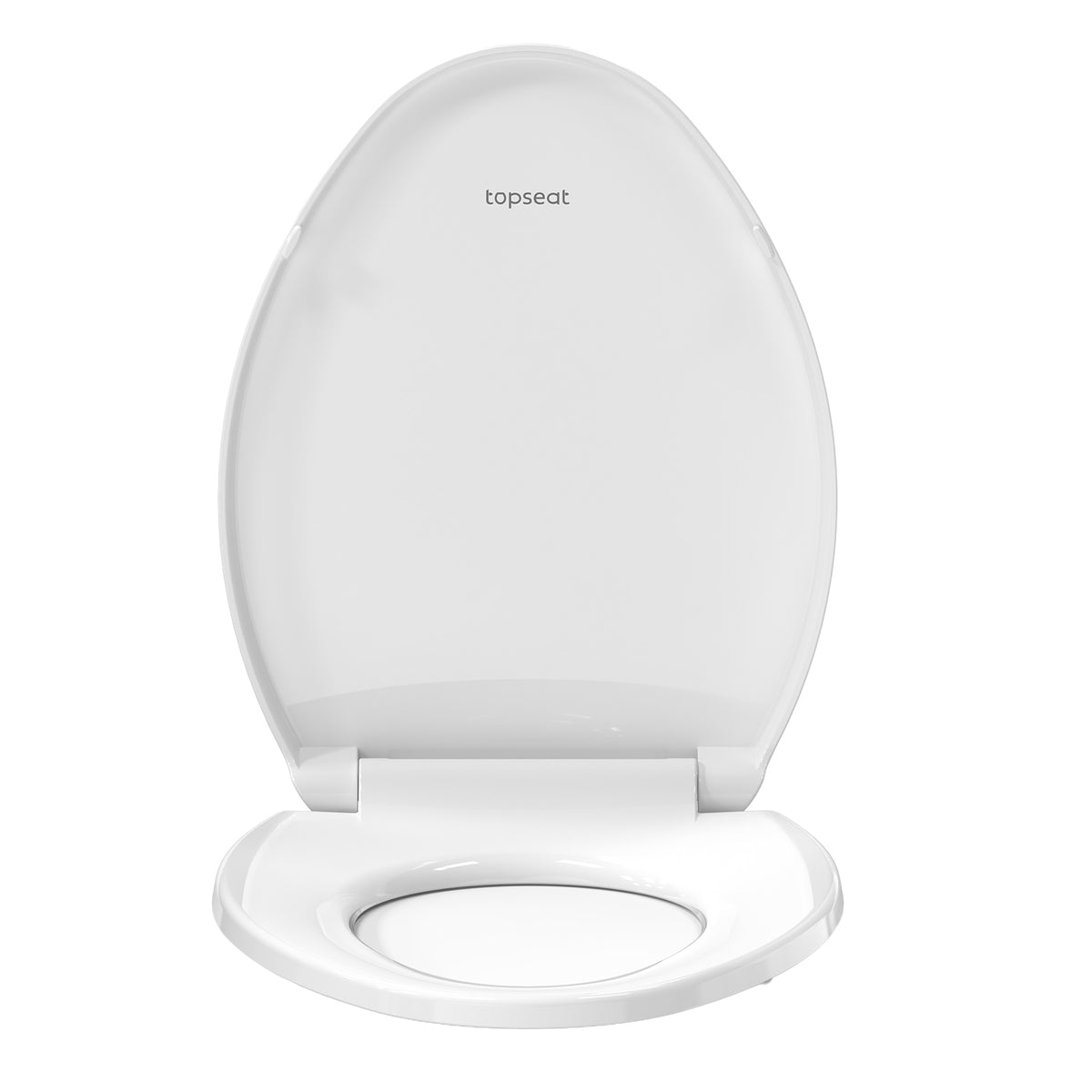 Top-down view of the Topseat Plus plastic elongated white toilet seat with the lid open showing the seat ring.
