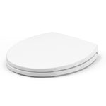 Angled view of the Topseat Plus plastic round white toilet seat with closed lid.