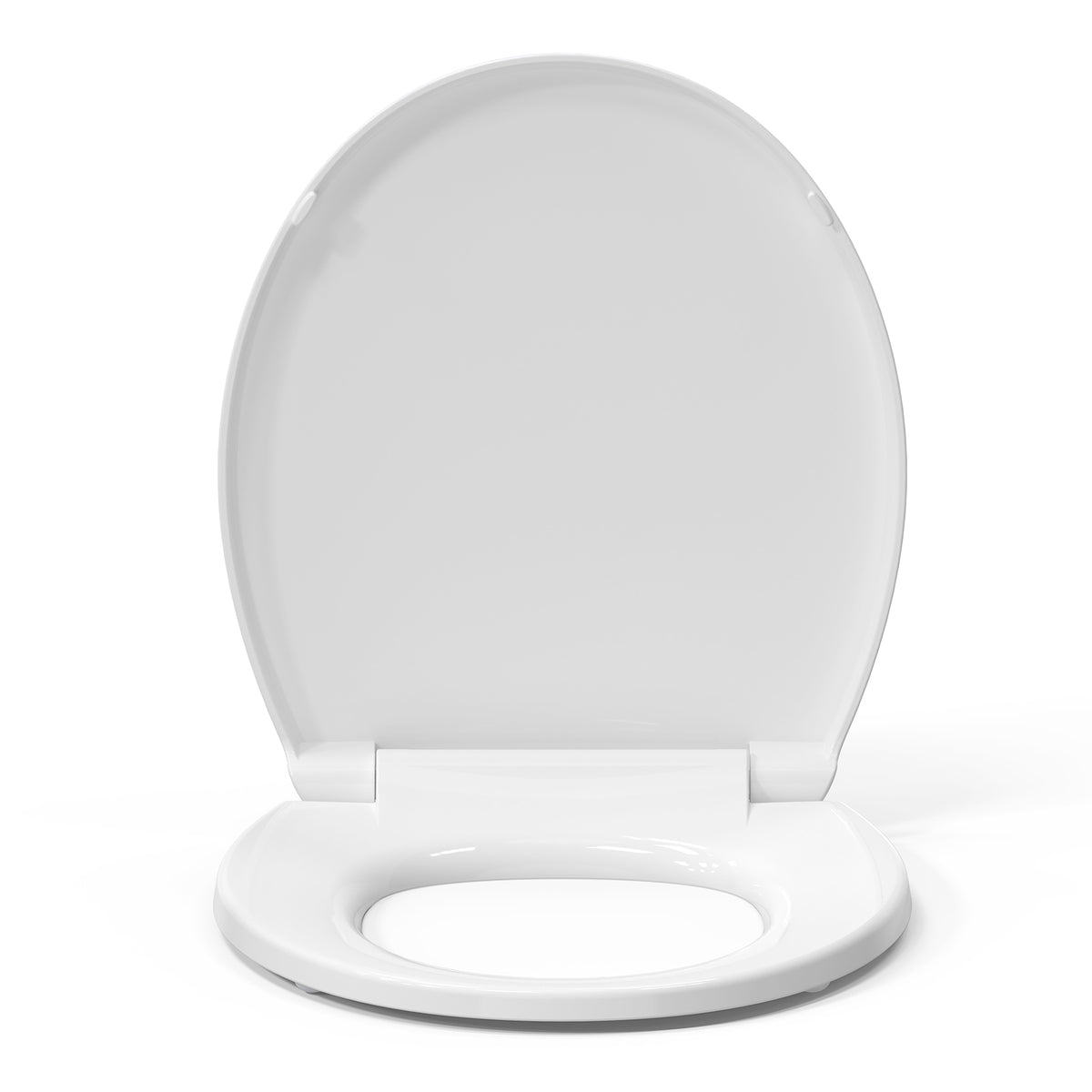 Front-facing view of the Topseat Plus plastic round white toilet seat with the lid open.