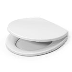 Topseat Plus plastic round white toilet seat shown with lid half-open.