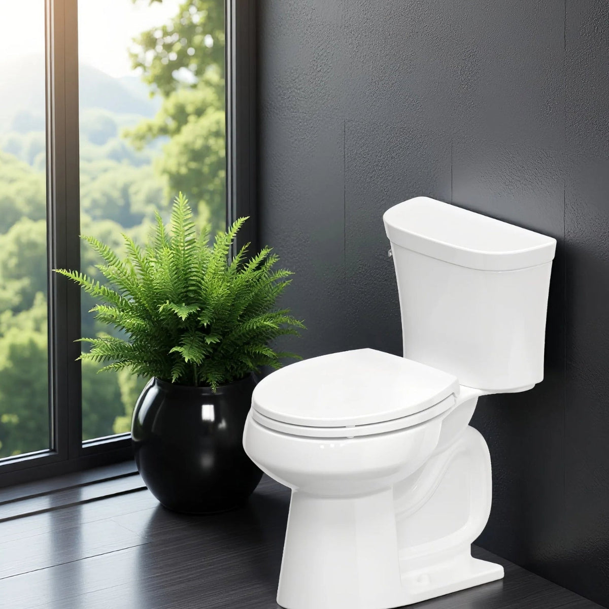 Topseat Plus plastic round white toilet seat installed in a modern bathroom, angled view.