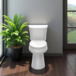 Topseat Plus plastic round white toilet seat installed in a contemporary bathroom, front view.
