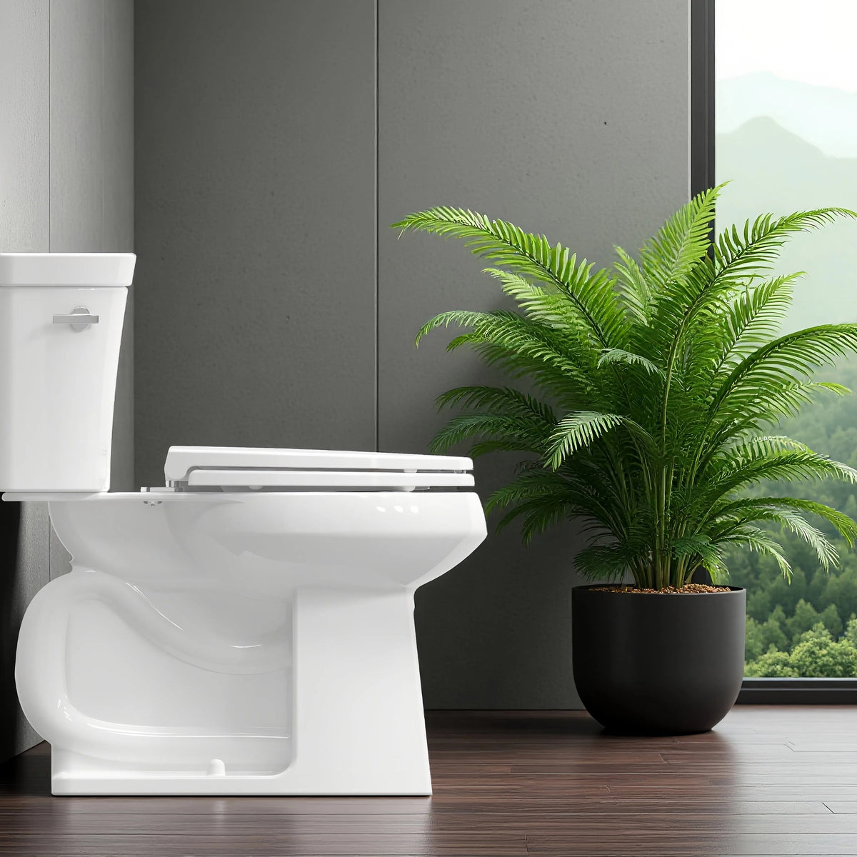 Topseat Plus plastic round white toilet seat installed in a bathroom setting with plants, side view.