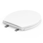 Rear angled view of the Topseat Plus plastic round white toilet seat highlighting the hardware and hinges.