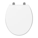 Top-down view of the Topseat Plus plastic round white toilet seat with closed lid.