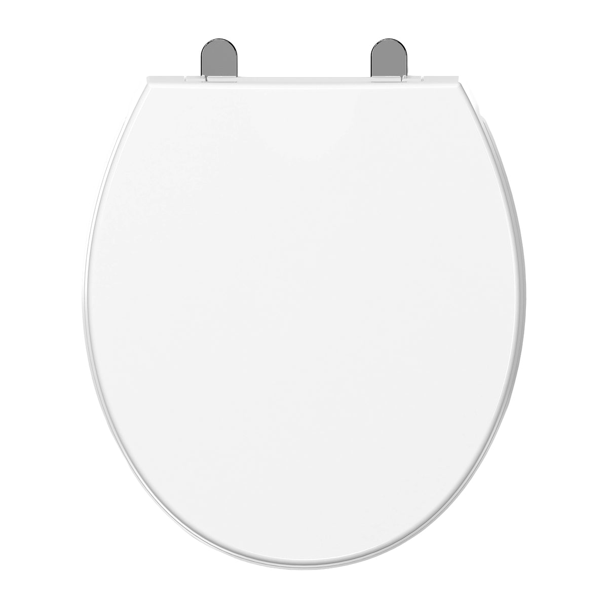 Top-down view of the Topseat Plus plastic round white toilet seat with closed lid.